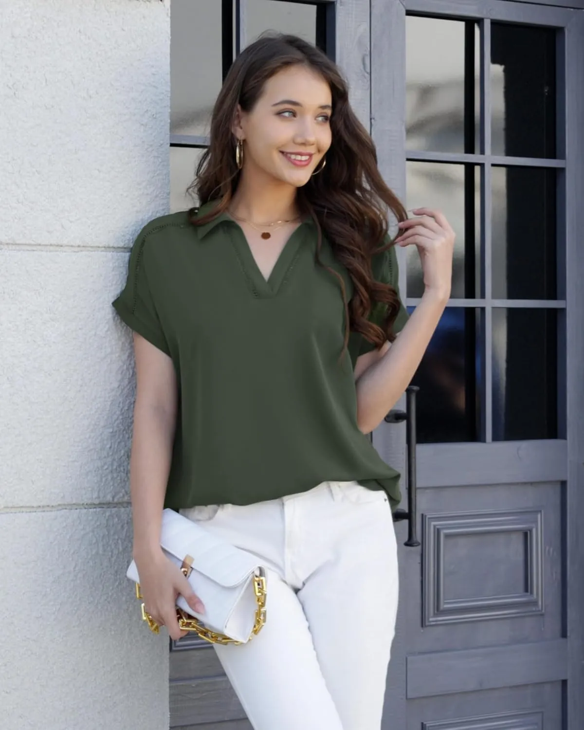Timeson Women's Short Sleeve Chiffon Blouses Office Work Dress Shirts Business Casual Tops