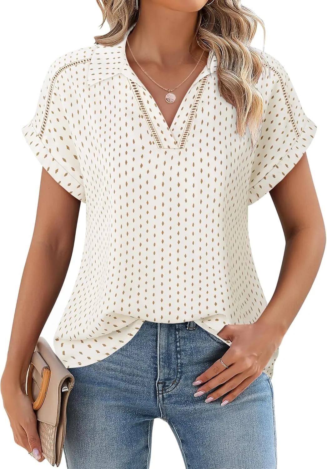 Timeson Women's Short Sleeve Chiffon Blouses Office Work Dress Shirts Business Casual Tops