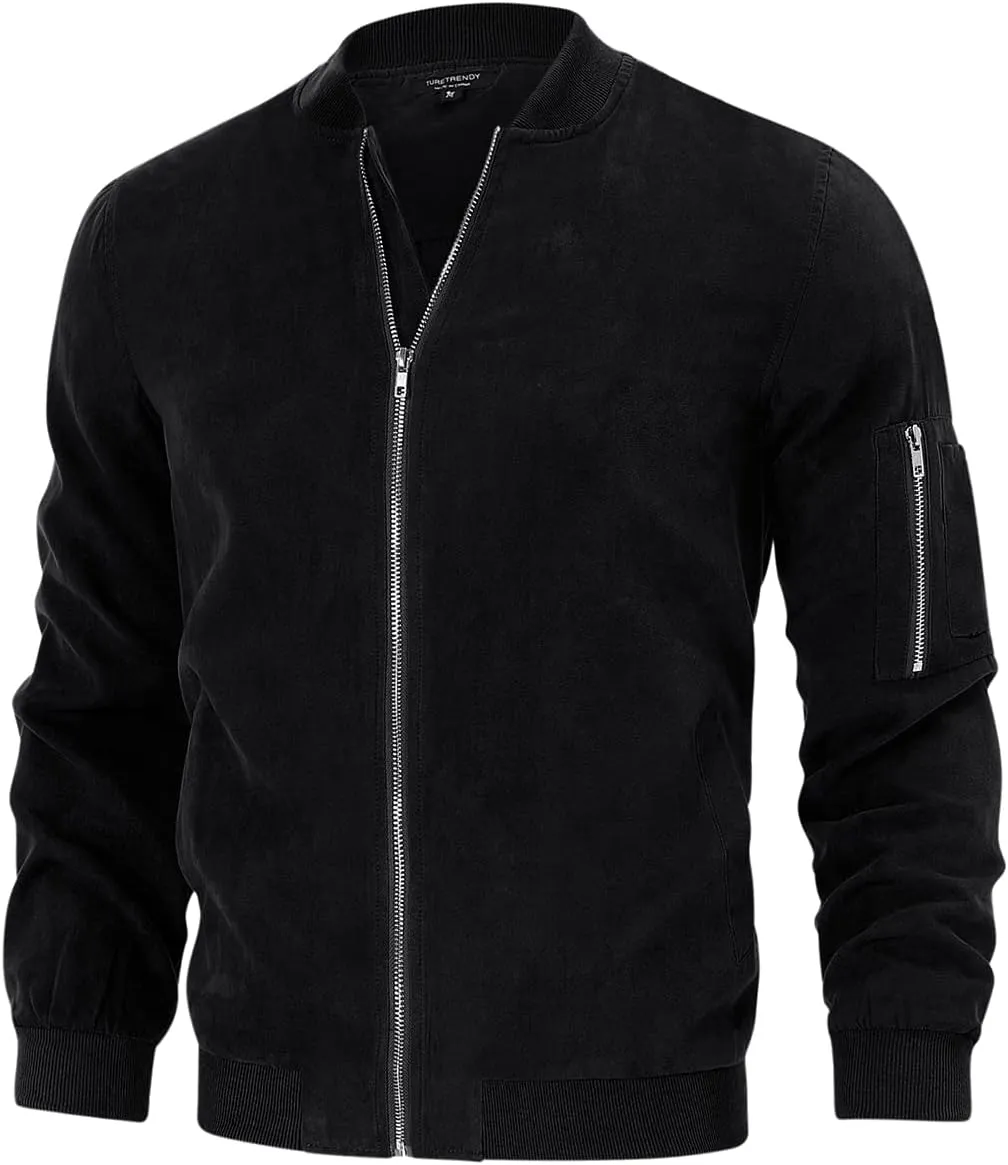 TURETRENDY Men's Suede Leather Jackets Sportswear Thin Casual Bomber Fashion Outwear Black S