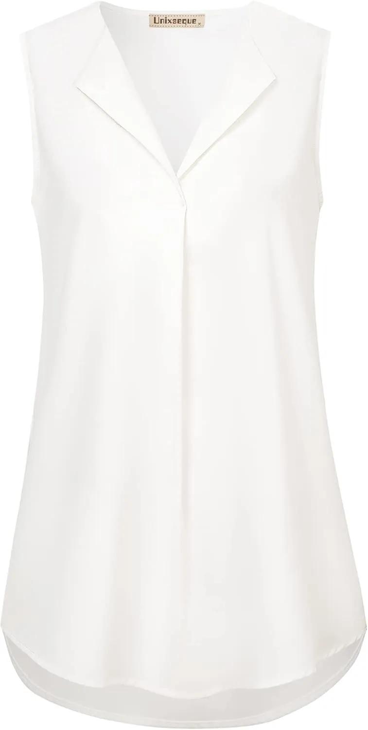Unixseque Women's Casual V Neck Sleeveless Tunics Tank Tops Blouses Summer Office Work Shirts