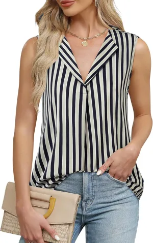 Unixseque Women's Casual V Neck Sleeveless Tunics Tank Tops Blouses Summer Office Work Shirts
