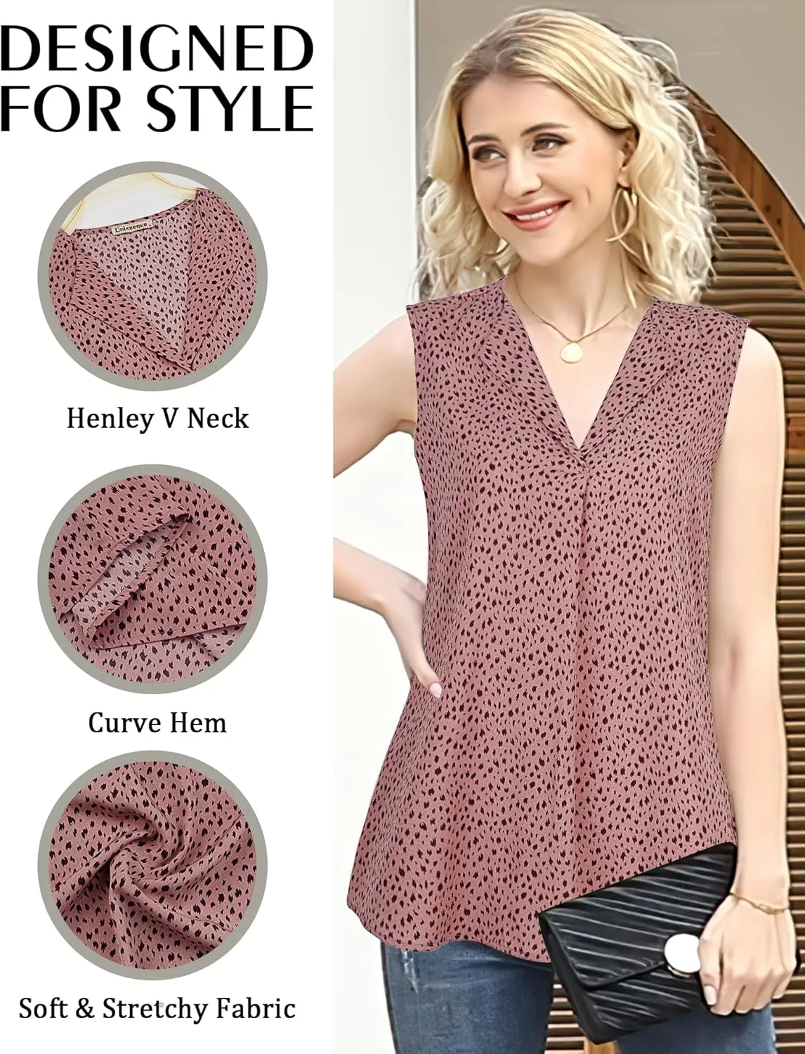 Unixseque Women's Casual V Neck Sleeveless Tunics Tank Tops Blouses Summer Office Work Shirts