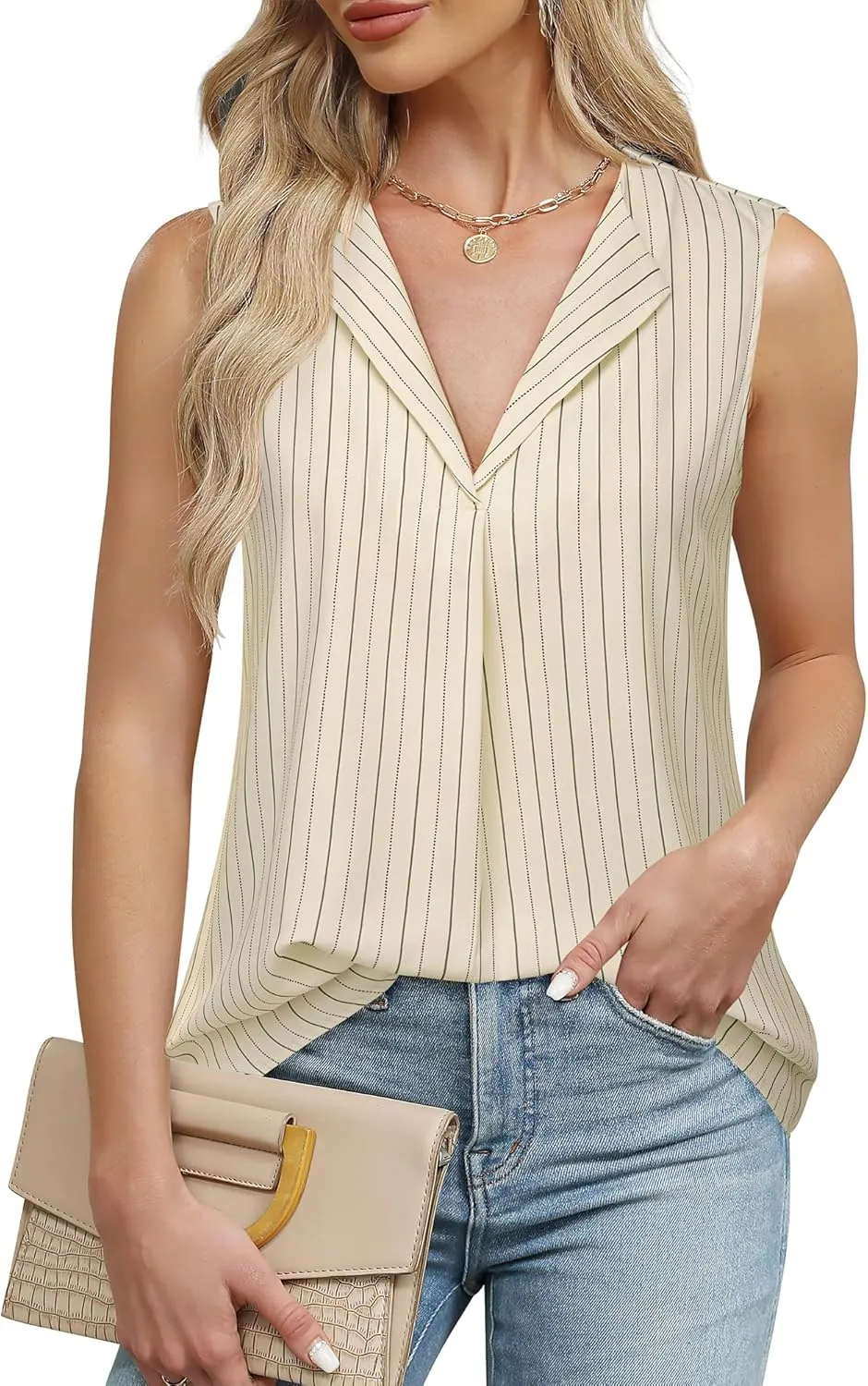 Unixseque Women's Casual V Neck Sleeveless Tunics Tank Tops Blouses Summer Office Work Shirts