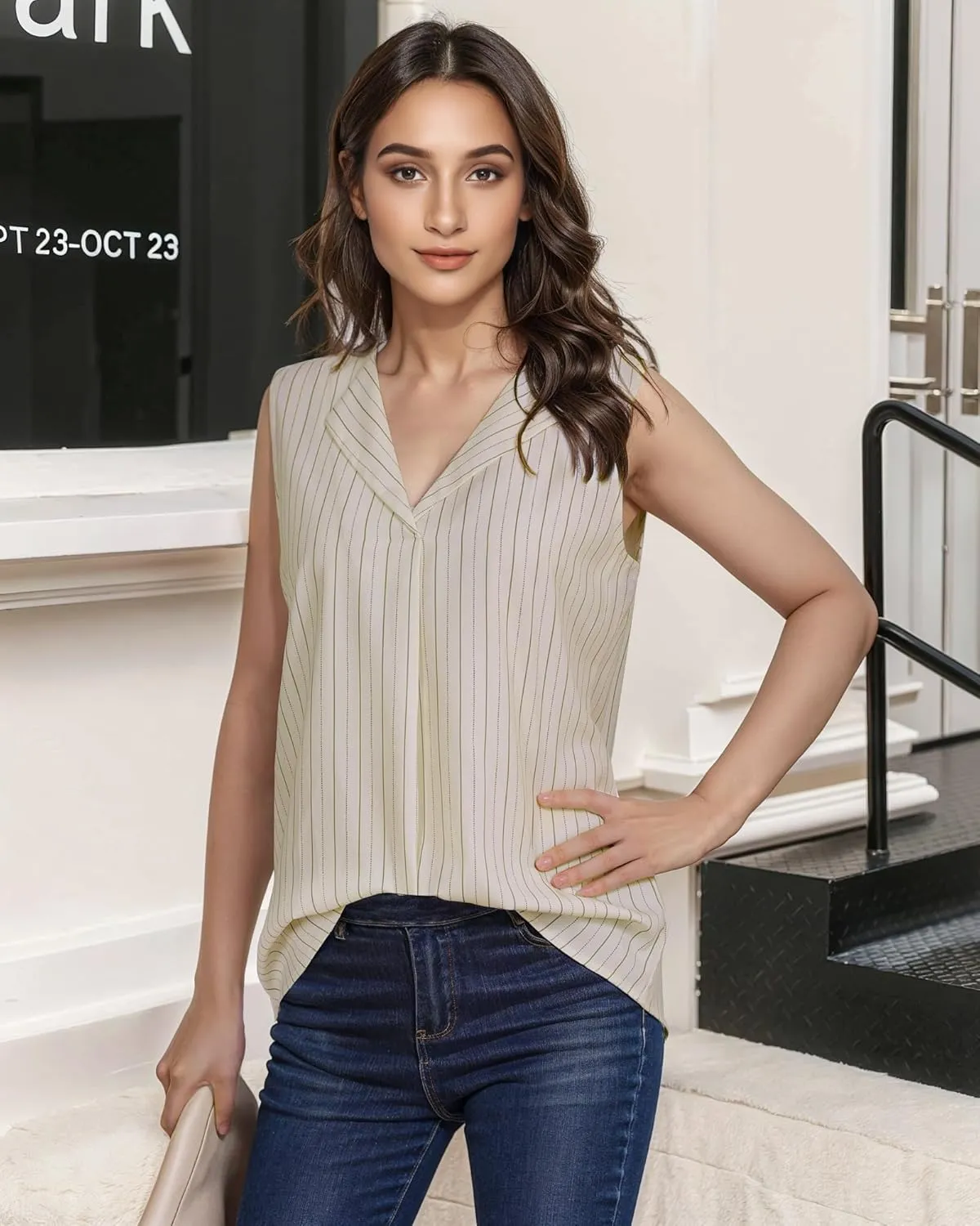 Unixseque Women's Casual V Neck Sleeveless Tunics Tank Tops Blouses Summer Office Work Shirts