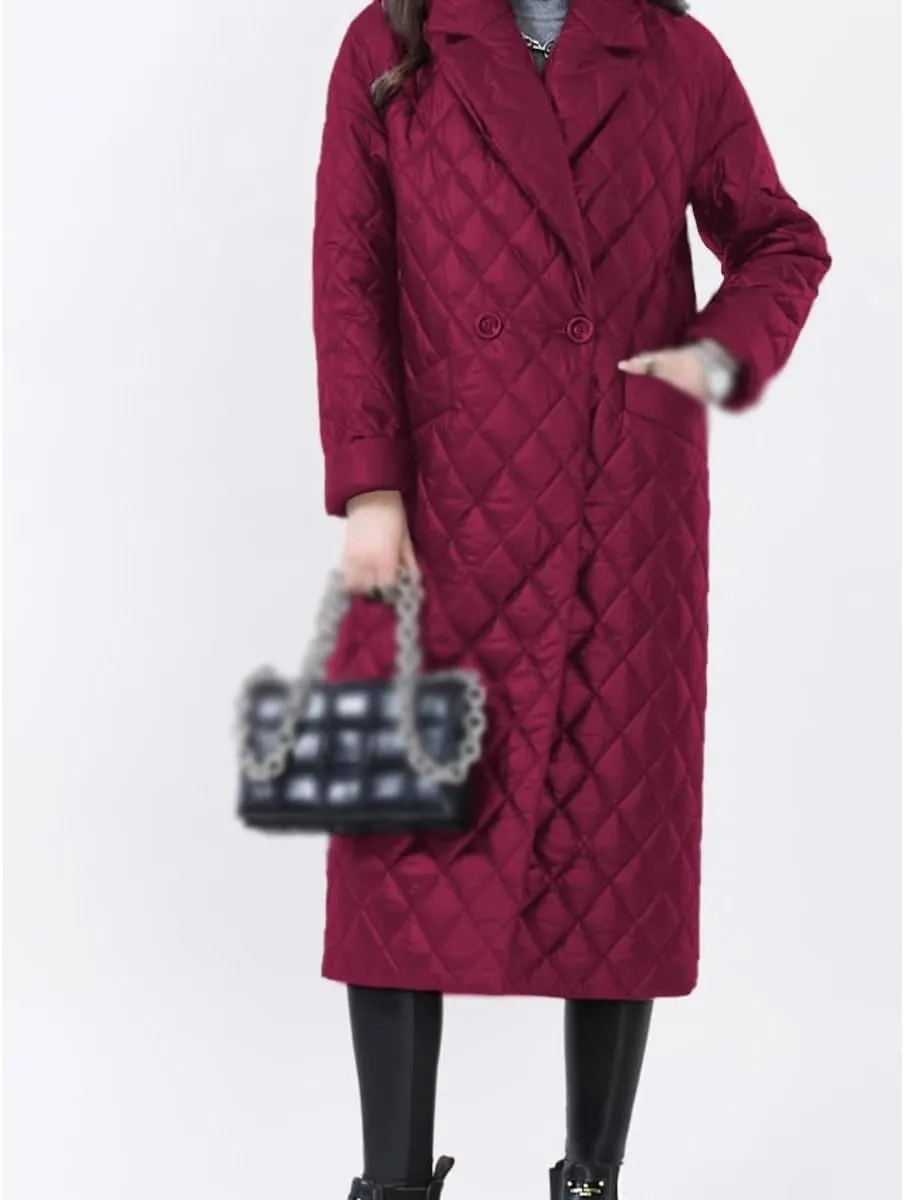 Warm Winter Jackets for Women Office Lady Thin Padded Cotton Long Parkas Female Women Quilted Coat Plaid(Medium)