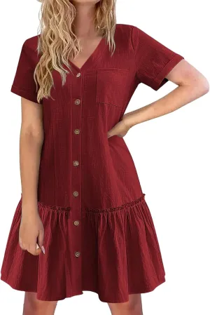 Women Button Down Dress V Neck Tiered Ruffle Hem Mini Dresses Summer Short Sleeve Dress Flowy Swing Sundress