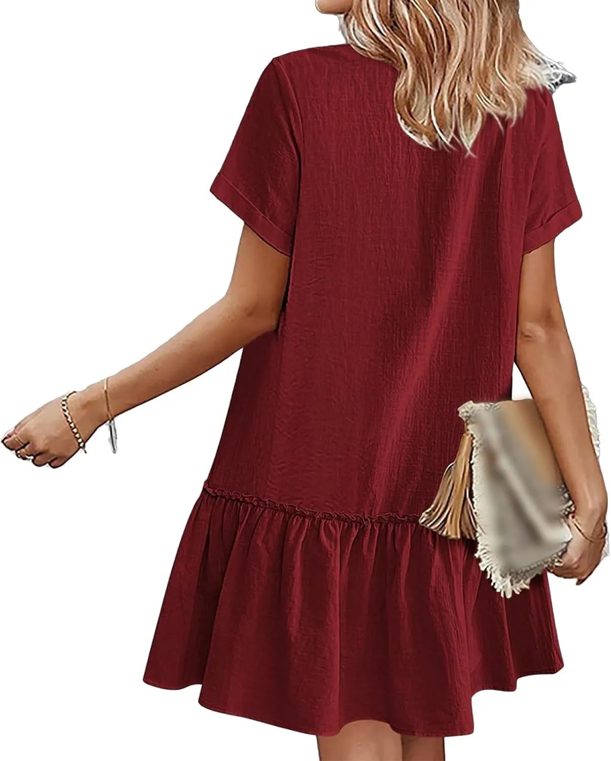 Women Button Down Dress V Neck Tiered Ruffle Hem Mini Dresses Summer Short Sleeve Dress Flowy Swing Sundress