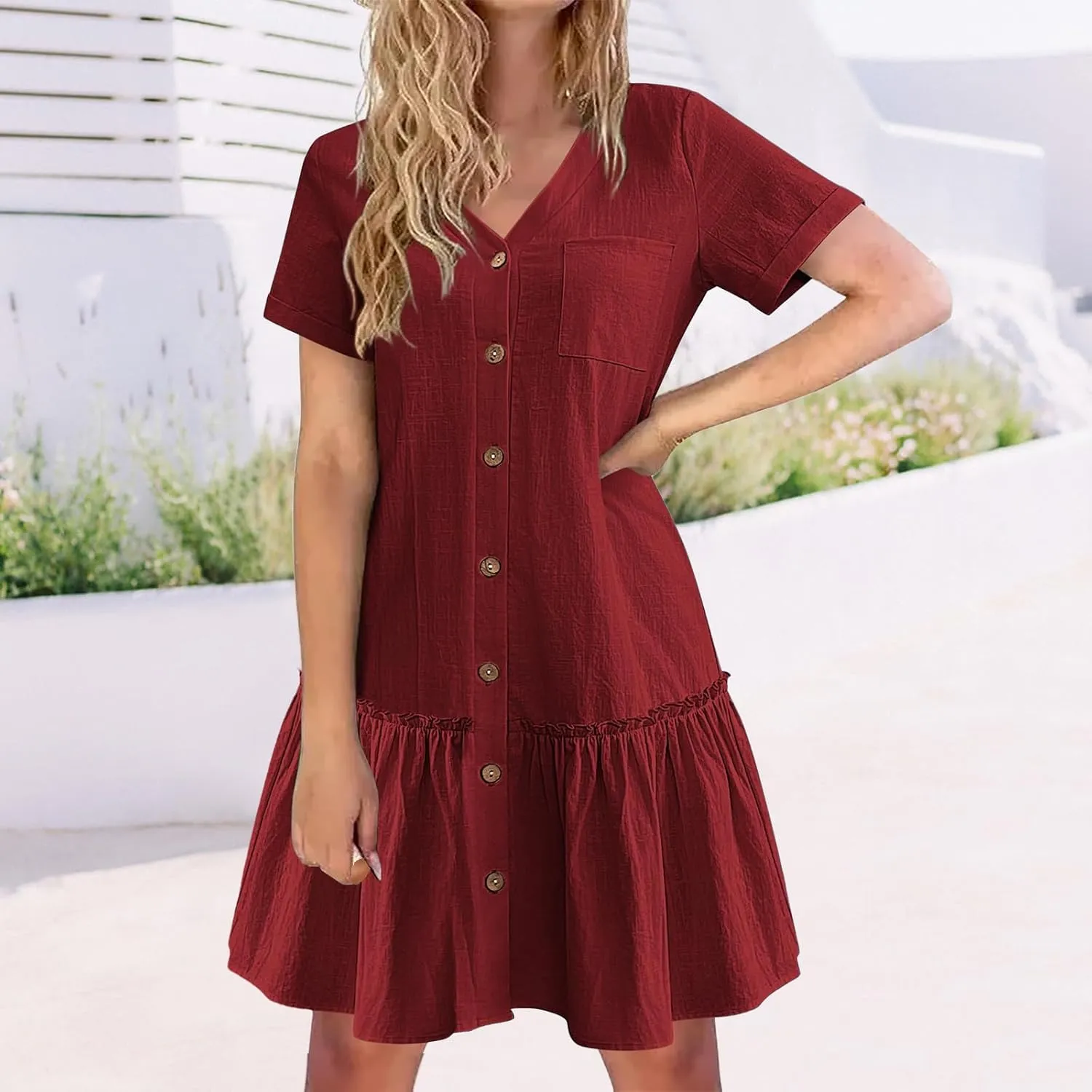 Women Button Down Dress V Neck Tiered Ruffle Hem Mini Dresses Summer Short Sleeve Dress Flowy Swing Sundress
