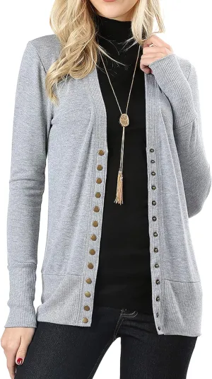 Women Classic V-Neck Button Down Long Sleeve Ribbed Thin Knit Cardigan