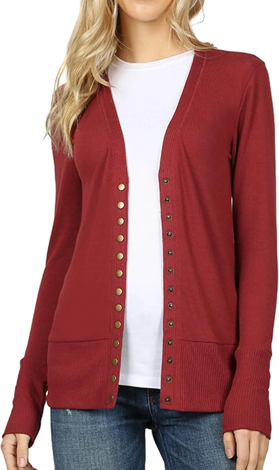 Women Classic V-Neck Button Down Long Sleeve Ribbed Thin Knit Cardigan