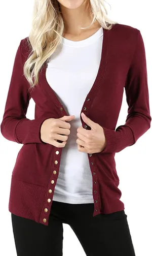 Women Classic V-Neck Button Down Long Sleeve Ribbed Thin Knit Cardigan