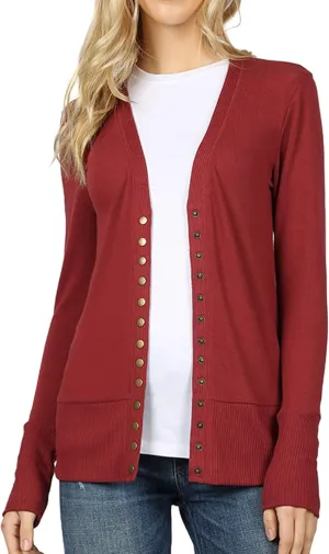 Women Classic V-Neck Button Down Long Sleeve Ribbed Thin Knit Cardigan