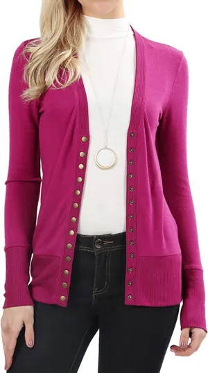 Women Classic V-Neck Button Down Long Sleeve Ribbed Thin Knit Cardigan