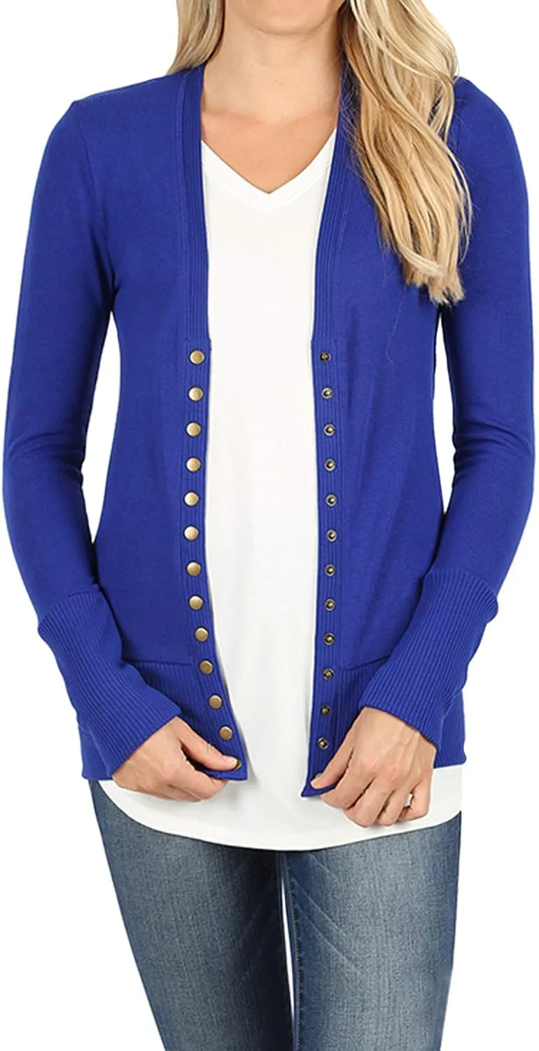 Women Classic V-Neck Button Down Long Sleeve Ribbed Thin Knit Cardigan