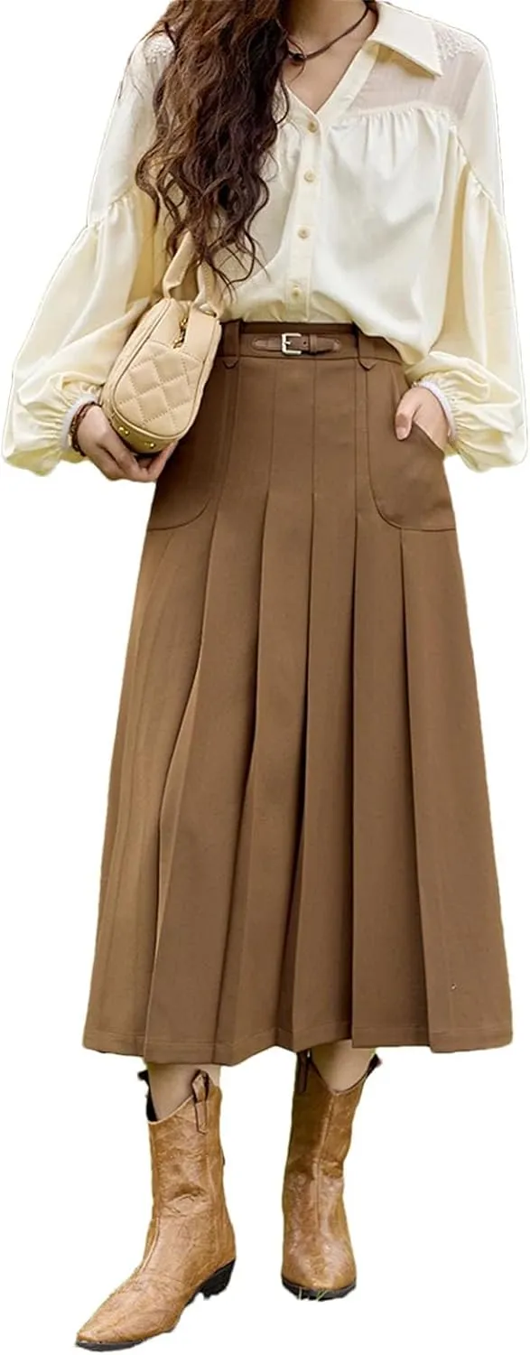 Women High Waist Pleated Skirt with Pockets Office Belt A-LINE Skirt