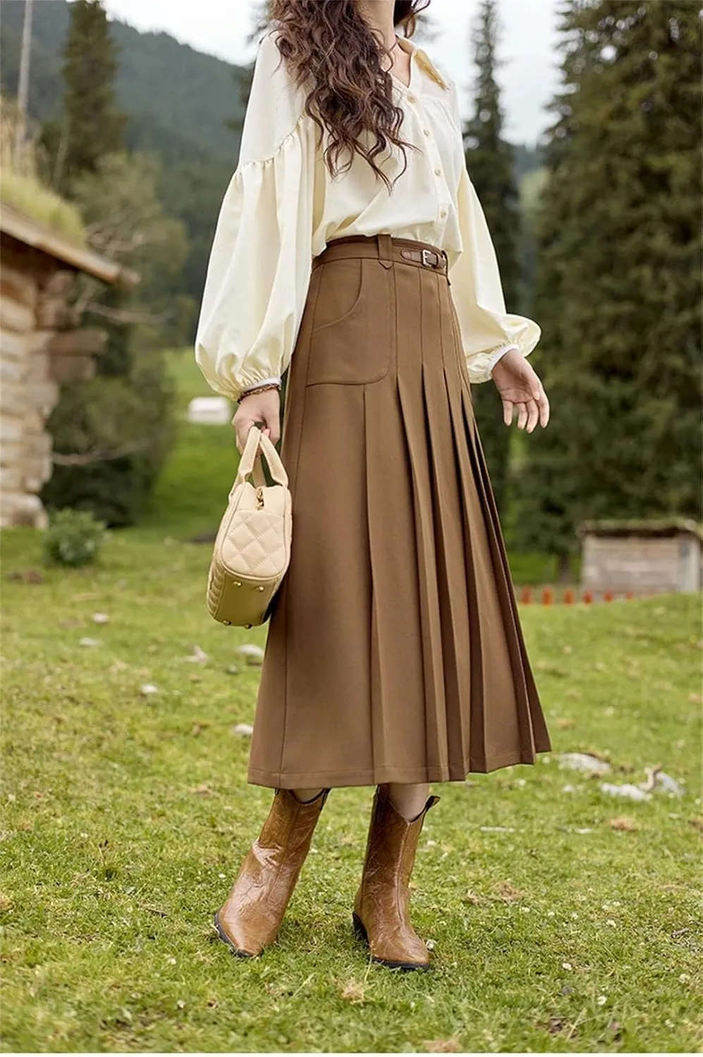 Women High Waist Pleated Skirt with Pockets Office Belt A-LINE Skirt