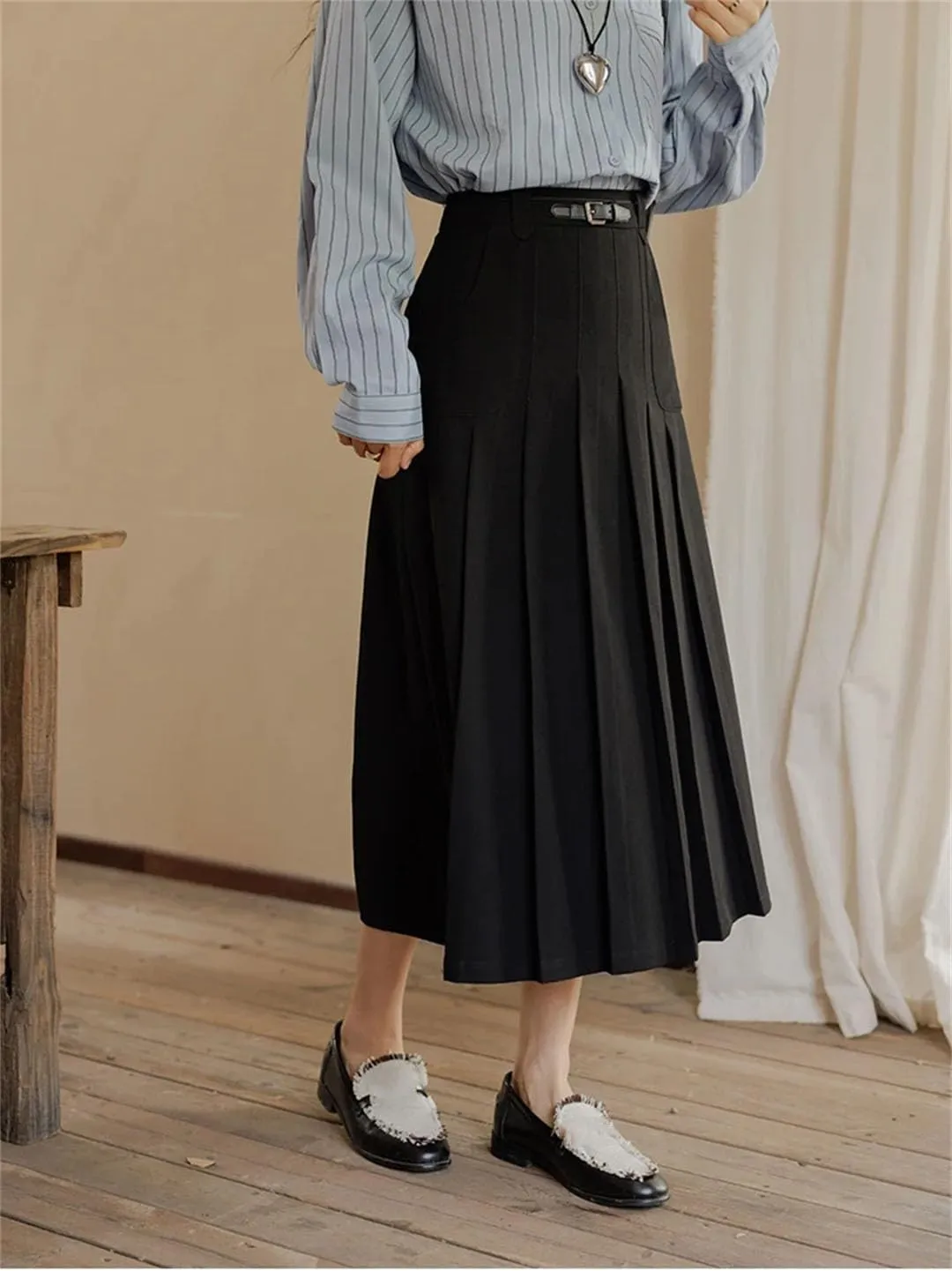 Women High Waist Pleated Skirt with Pockets Office Belt A-LINE Skirt