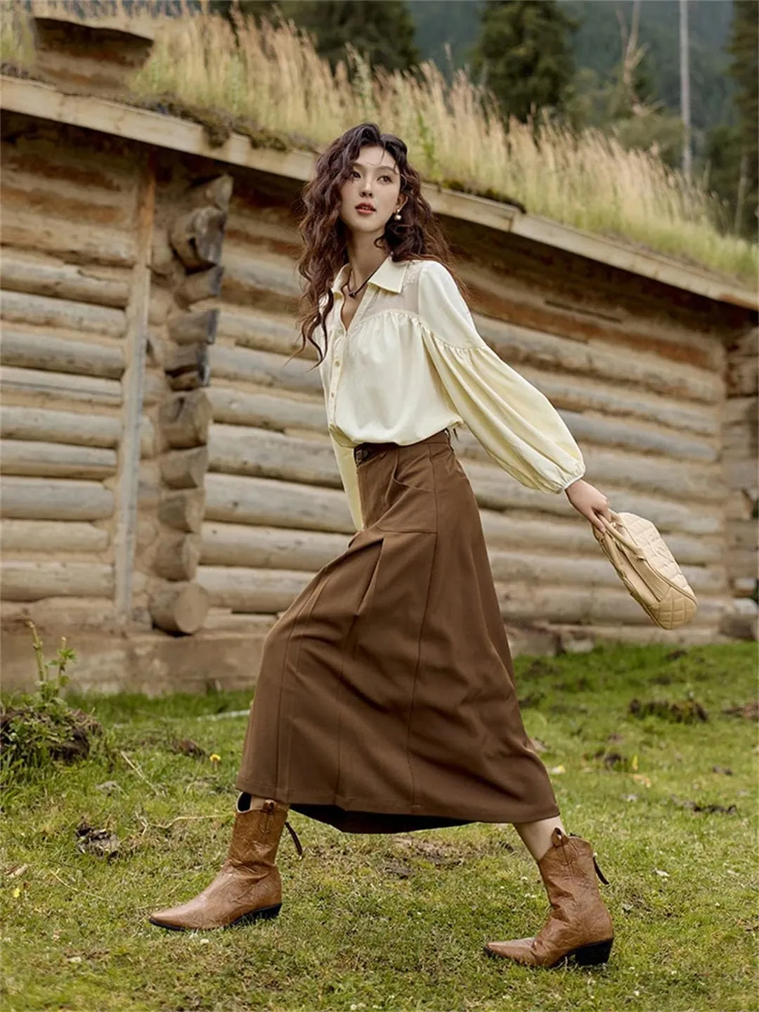 Women High Waist Pleated Skirt with Pockets Office Belt A-LINE Skirt