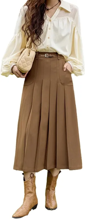 Women High Waist Pleated Skirt with Pockets Office Belt A-LINE Skirt