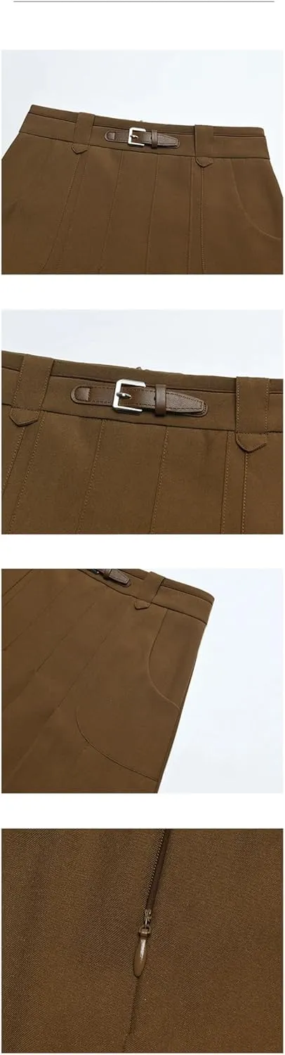 Women High Waist Pleated Skirt with Pockets Office Belt A-LINE Skirt