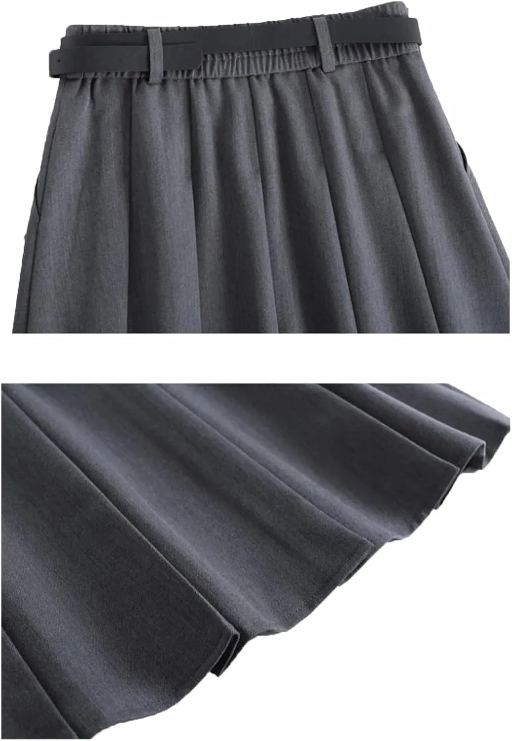 Women High Waisted Belt Skirt Office Pleated Midi Skirt