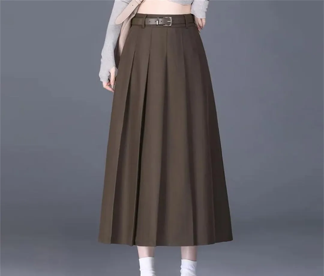 Women High Waisted Belt Skirt Office Pleated Midi Skirt