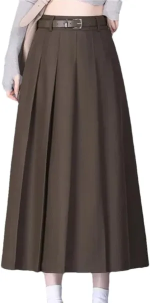 Women High Waisted Belt Skirt Office Pleated Midi Skirt