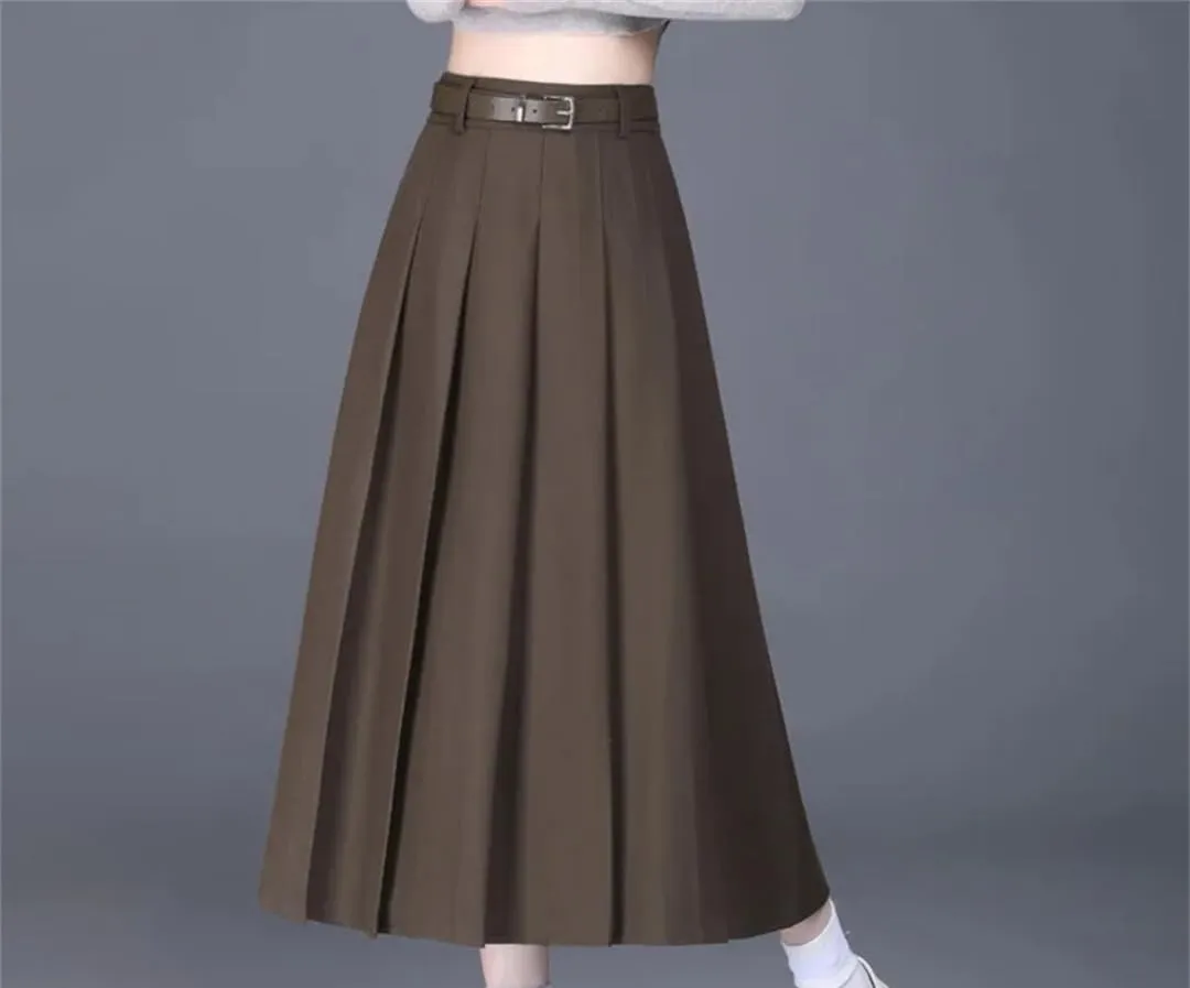 Women High Waisted Belt Skirt Office Pleated Midi Skirt