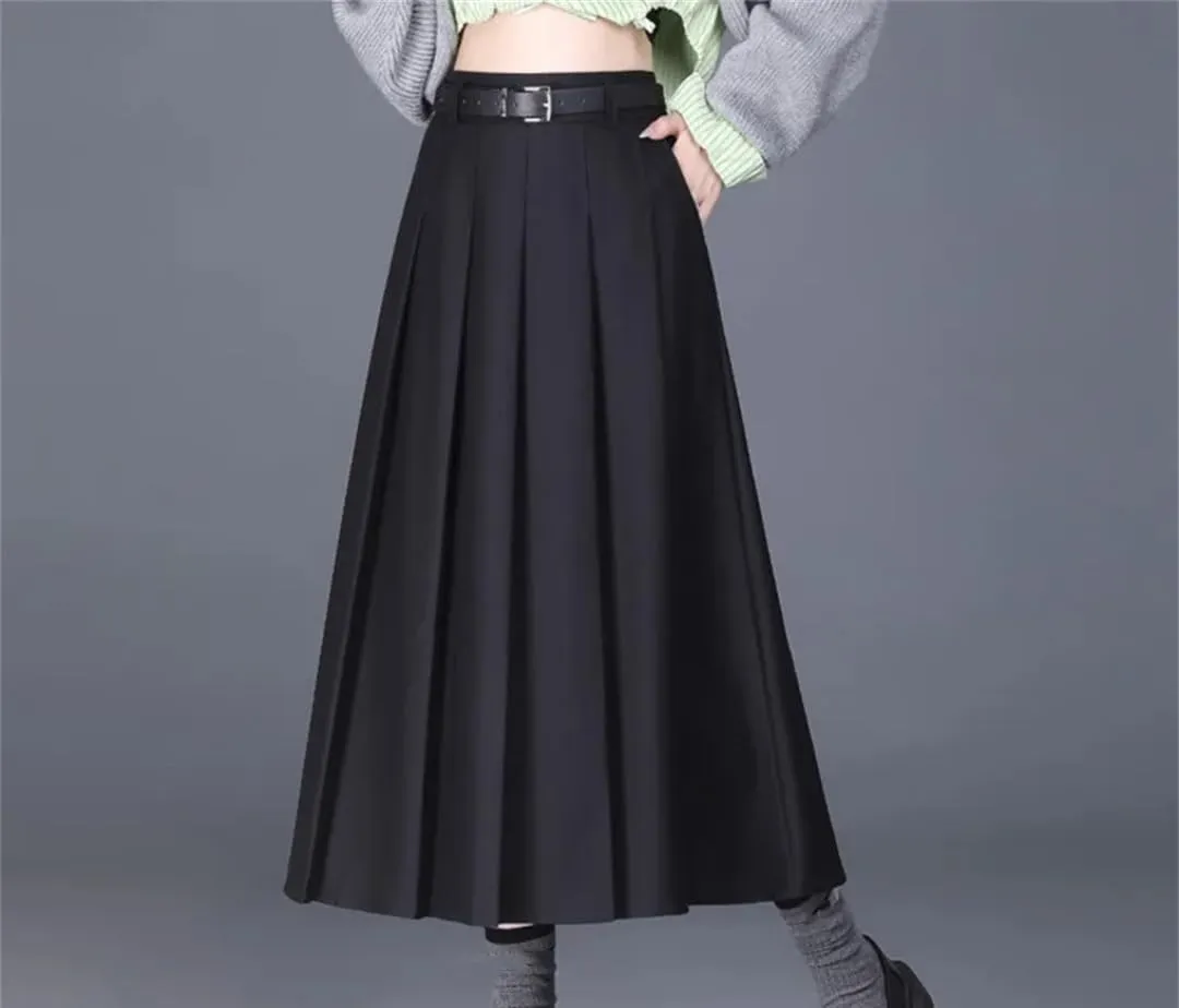 Women High Waisted Belt Skirt Office Pleated Midi Skirt