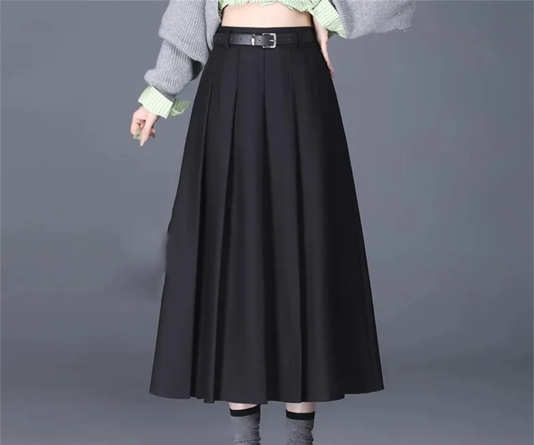 Women High Waisted Belt Skirt Office Pleated Midi Skirt