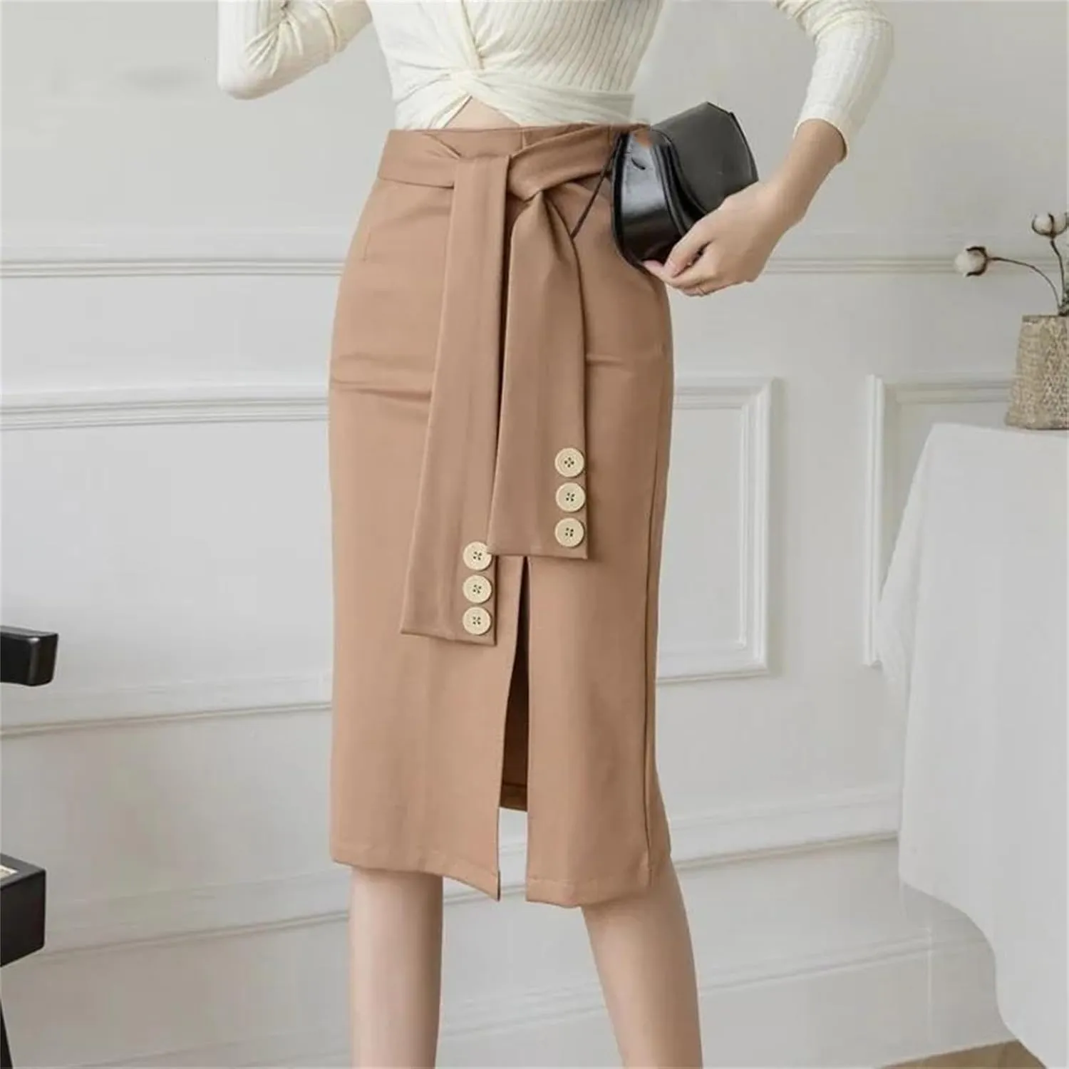 Women Korean Clothing High Waist Black Skirt Office Ladies Elastic Sexy Midi Skirt