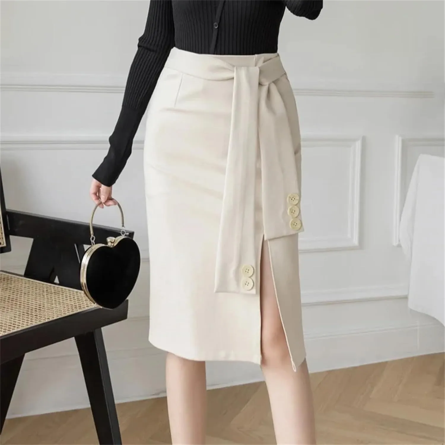 Women Korean Clothing High Waist Black Skirt Office Ladies Elastic Sexy Midi Skirt
