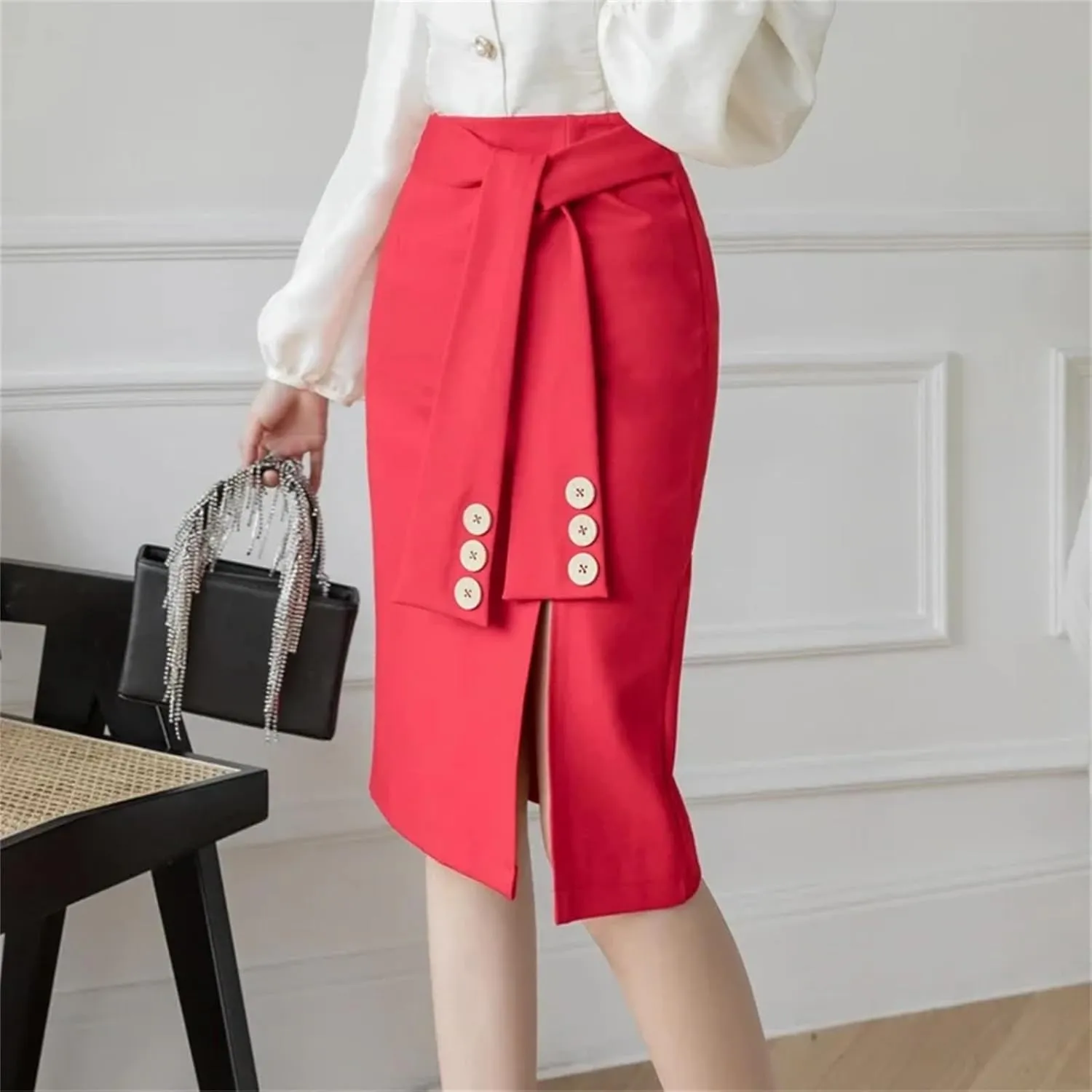 Women Korean Clothing High Waist Black Skirt Office Ladies Elastic Sexy Midi Skirt
