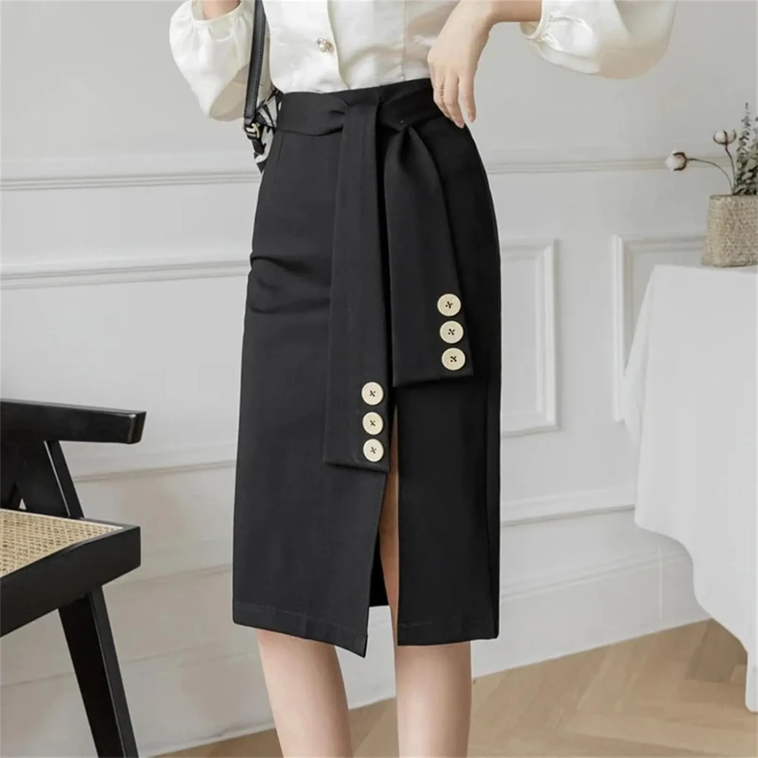 Women Korean Clothing High Waist Black Skirt Office Ladies Elastic Sexy Midi Skirt