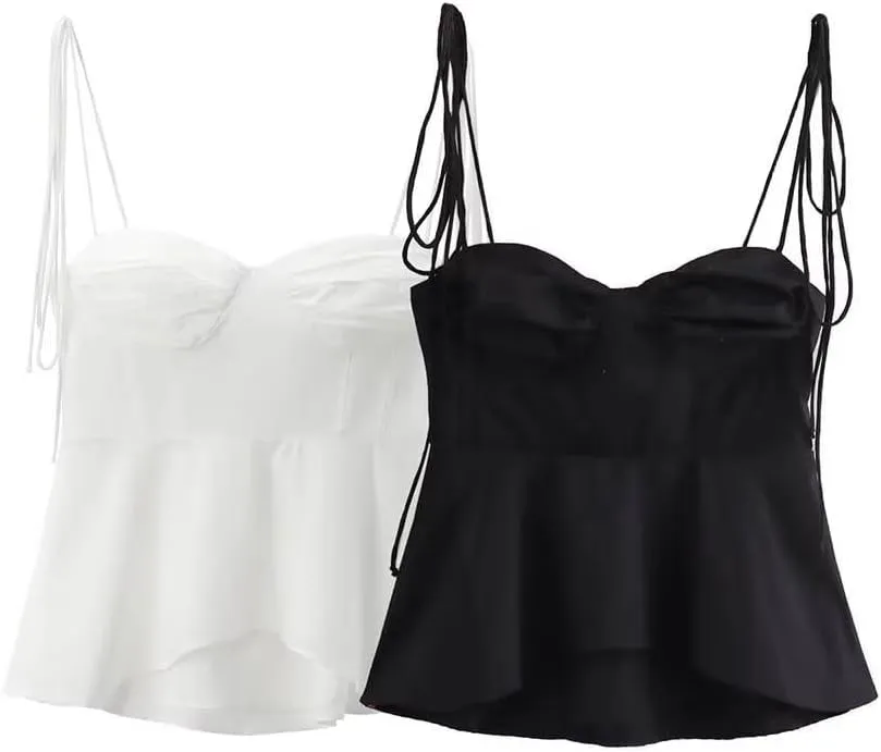 Women Solid Pleated Backless Cropped Camisole V-Neck Tops with Thin Straps for Summer Casual Wear