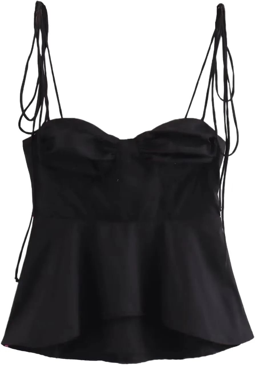 Women Solid Pleated Backless Cropped Camisole V-Neck Tops with Thin Straps for Summer Casual Wear