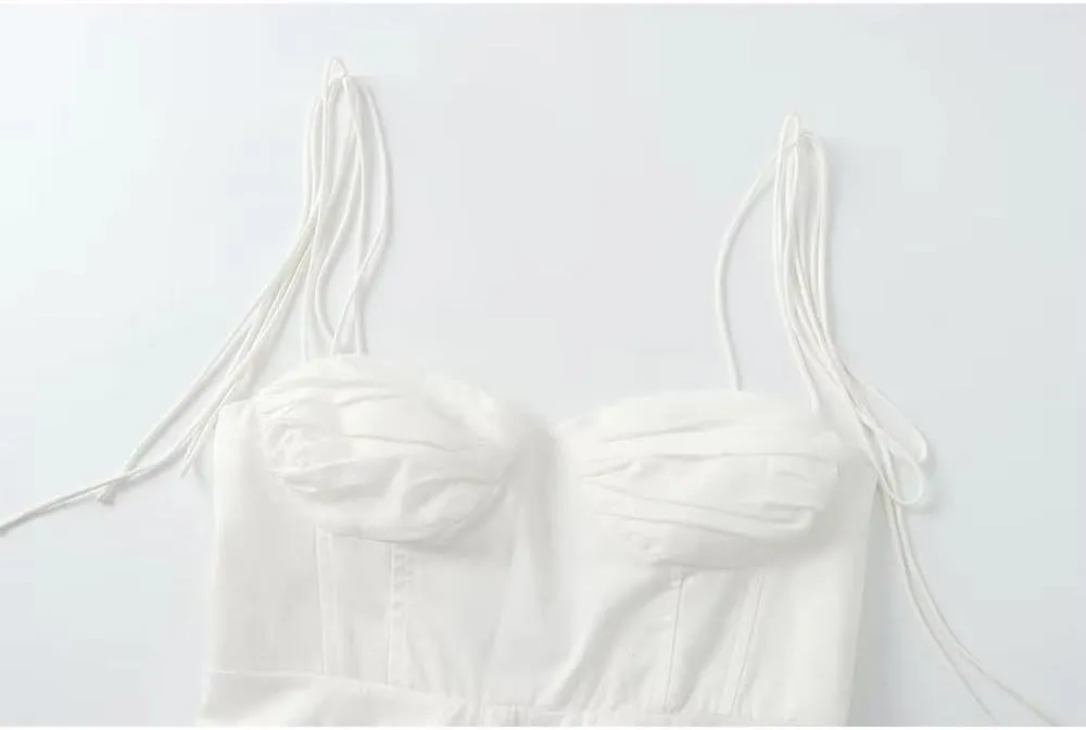 Women Solid Pleated Backless Cropped Camisole V-Neck Tops with Thin Straps for Summer Casual Wear
