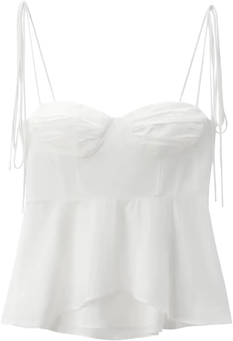 Women Solid Pleated Backless Cropped Camisole V-Neck Tops with Thin Straps for Summer Casual Wear