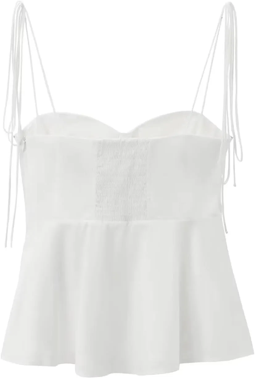 Women Solid Pleated Backless Cropped Camisole V-Neck Tops with Thin Straps for Summer Casual Wear