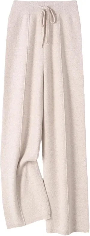 Womens 100 Percent Merino Wool Wide-Leg Pants Autumn Winter Soft Warm Knit Trousers