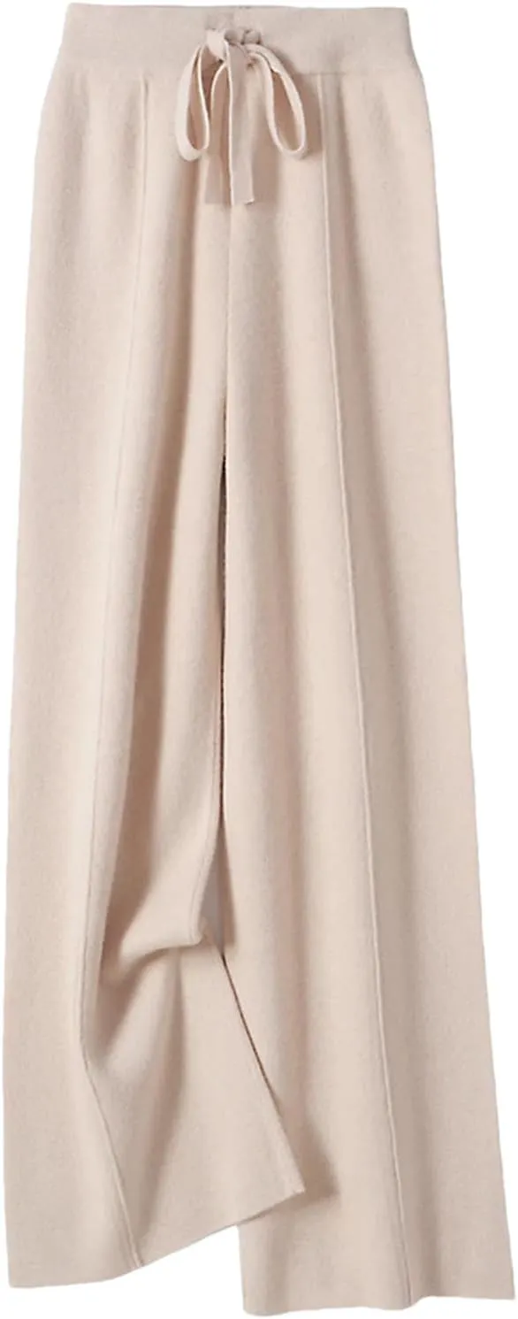Womens 100 Percent Merino Wool Wide-Leg Pants Autumn Winter Soft Warm Knit Trousers