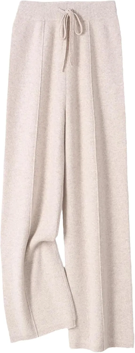 Womens 100 Percent Merino Wool Wide-Leg Pants Autumn Winter Soft Warm Knit Trousers