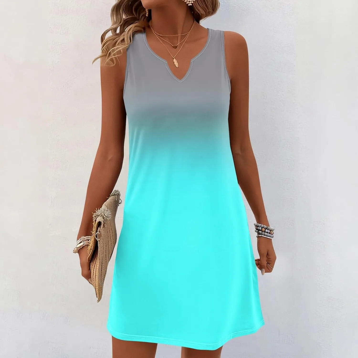 Women's Beach Dresses 2025 Summer V-Neck Sleeveless Tank Mini Sundress, S-3XL