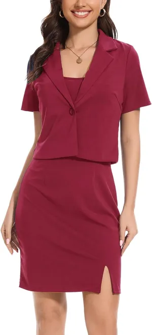 Women's Business Dress Suit Sets 2 Piece Outfits Office 2025 Cropped Blazer Work Office Short Sleeve Blazer Dress