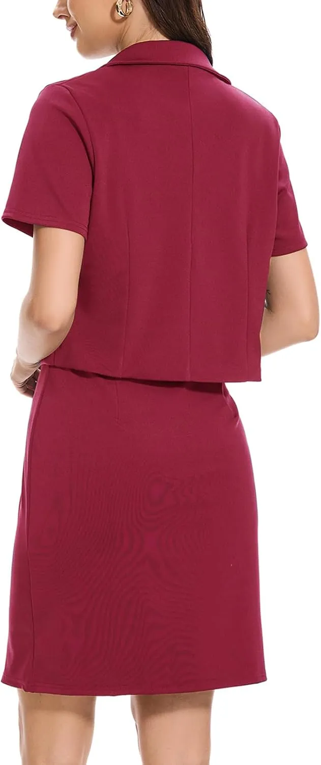 Women's Business Dress Suit Sets 2 Piece Outfits Office 2025 Cropped Blazer Work Office Short Sleeve Blazer Dress