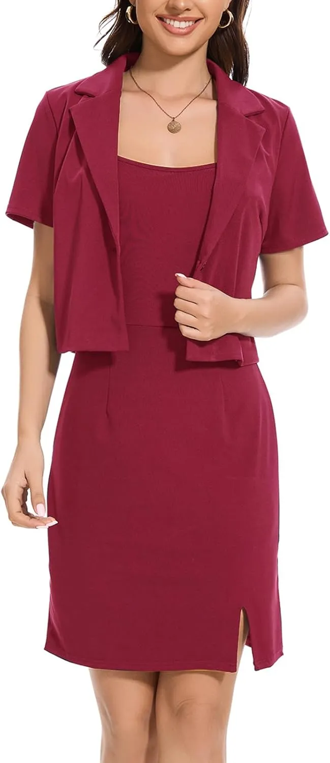 Women's Business Dress Suit Sets 2 Piece Outfits Office 2025 Cropped Blazer Work Office Short Sleeve Blazer Dress