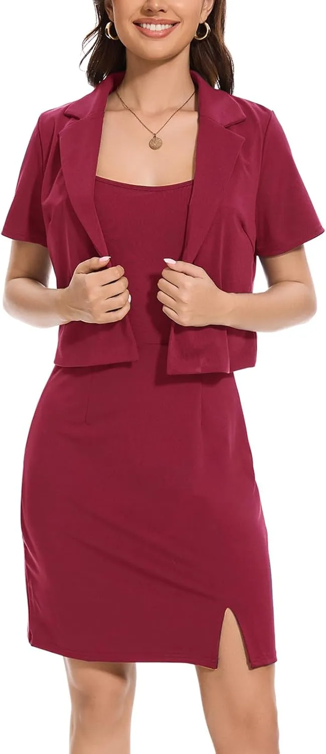 Women's Business Dress Suit Sets 2 Piece Outfits Office 2025 Cropped Blazer Work Office Short Sleeve Blazer Dress