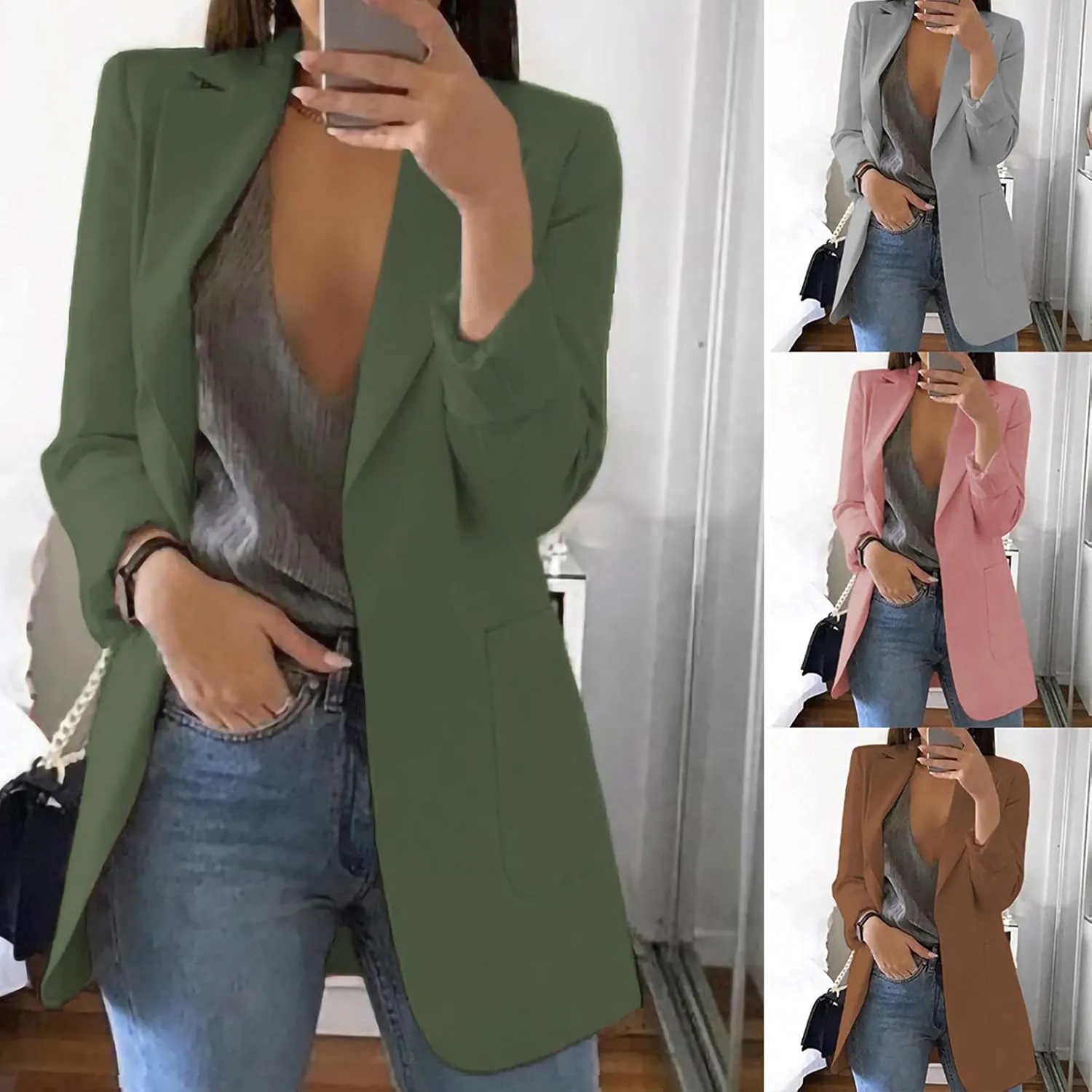 Womens Casual Blazer Fall Windproof Coat Solid Business Suit Work Office Jacket with Pocket Cardigans Plus Size Outwear