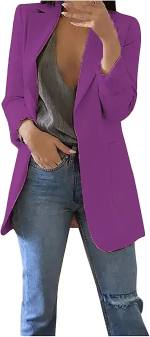 Womens Casual Blazer Fall Windproof Coat Solid Business Suit Work Office Jacket with Pocket Cardigans Plus Size Outwear