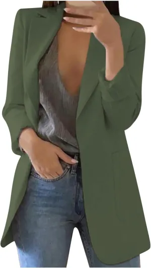 Womens Casual Blazer Fall Windproof Coat Solid Business Suit Work Office Jacket with Pocket Cardigans Plus Size Outwear